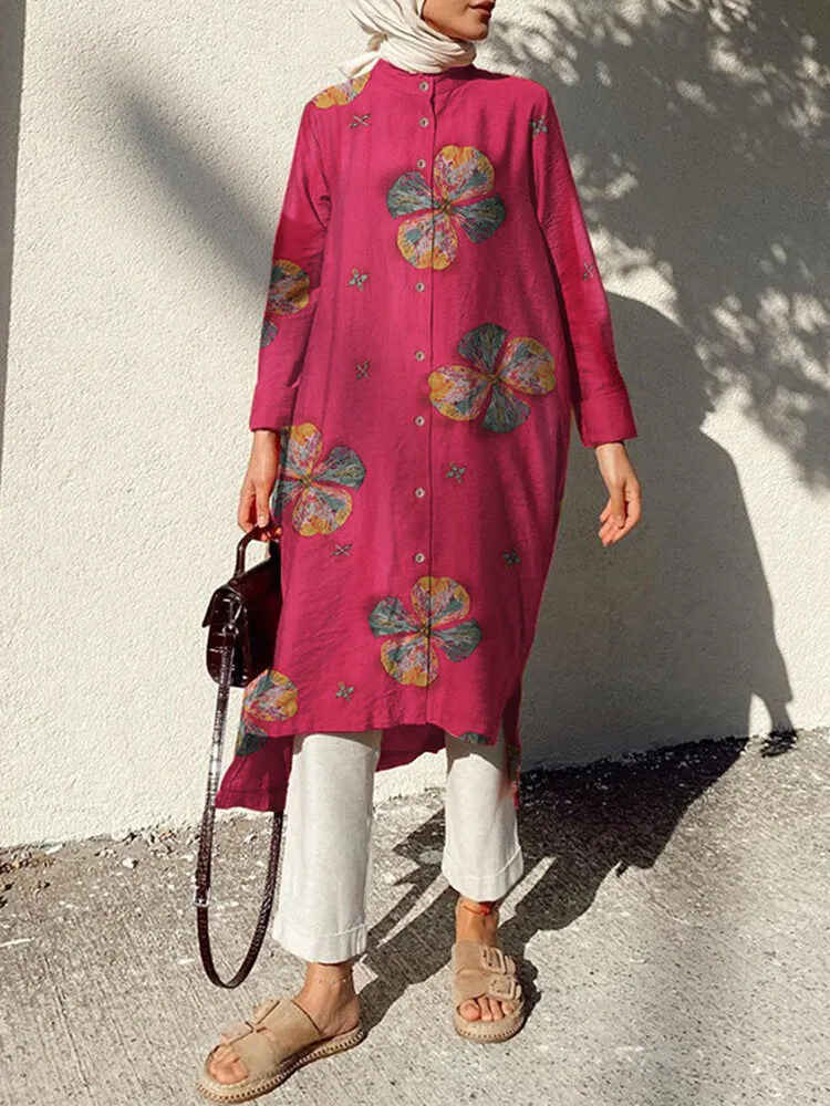 Cotton Flowers Print Kaftan Long Sleeve Retro Shirt Women Midi Dress