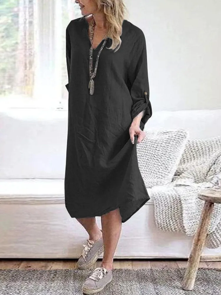 Cotton Solid V-neck Long Sleeve Loose Midi Shirt Women Midi Dress