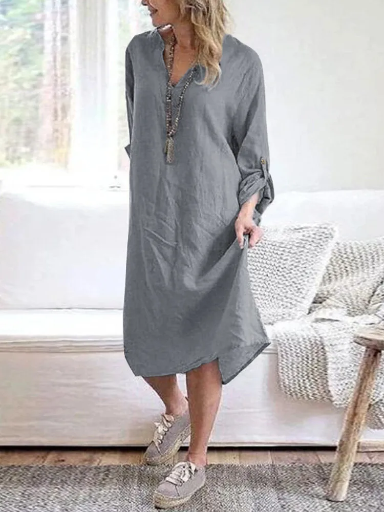 Cotton Solid V-neck Long Sleeve Loose Midi Shirt Women Midi Dress