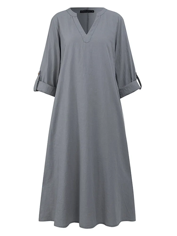 Cotton Solid V-neck Long Sleeve Loose Midi Shirt Women Midi Dress