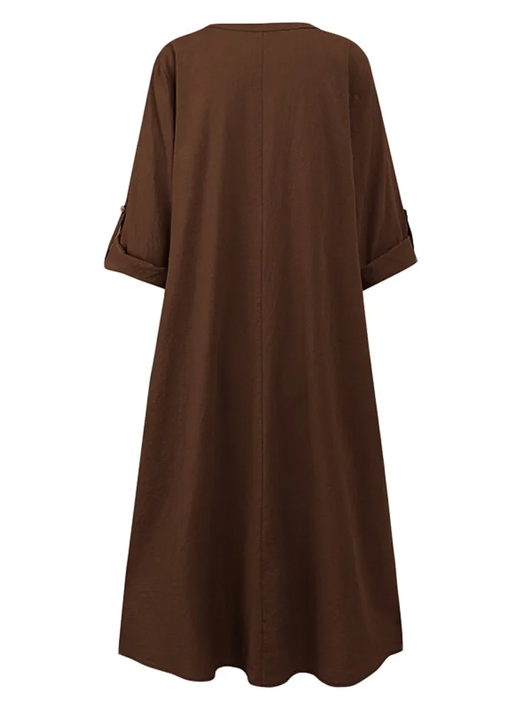 Cotton Solid V-neck Long Sleeve Loose Midi Shirt Women Midi Dress