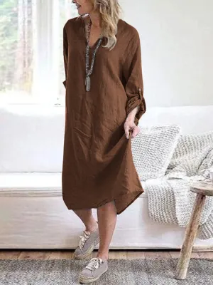 Cotton Solid V-neck Long Sleeve Loose Midi Shirt Women Midi Dress