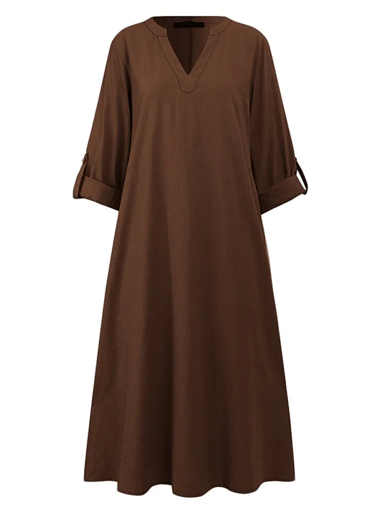 Cotton Solid V-neck Long Sleeve Loose Midi Shirt Women Midi Dress