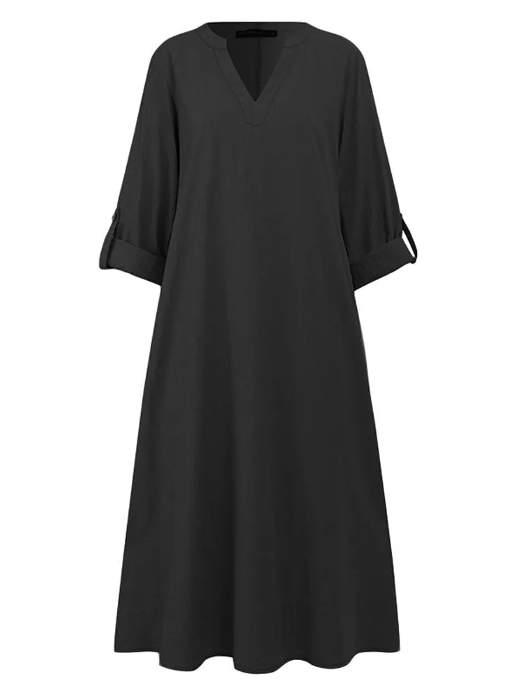 Cotton Solid V-neck Long Sleeve Loose Midi Shirt Women Midi Dress