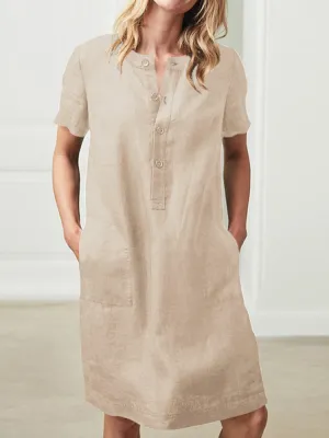 Cotton Women Loose Linen Round Neck Short Sleeve Button Dress with Pocket