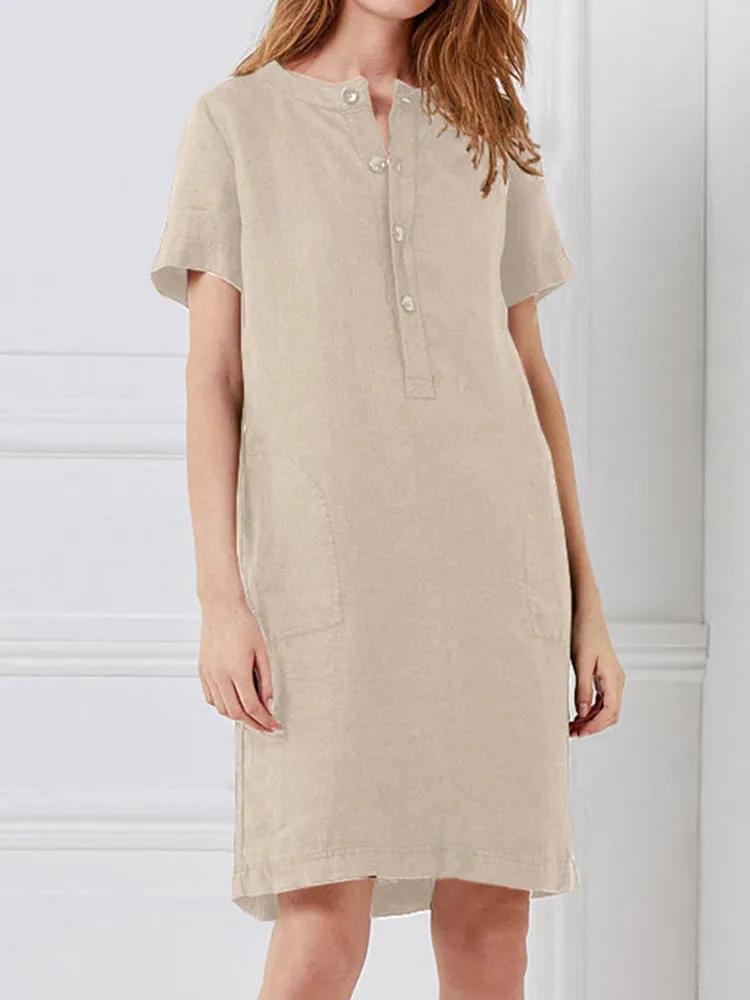 Cotton Women Loose Linen Round Neck Short Sleeve Button Dress with Pocket