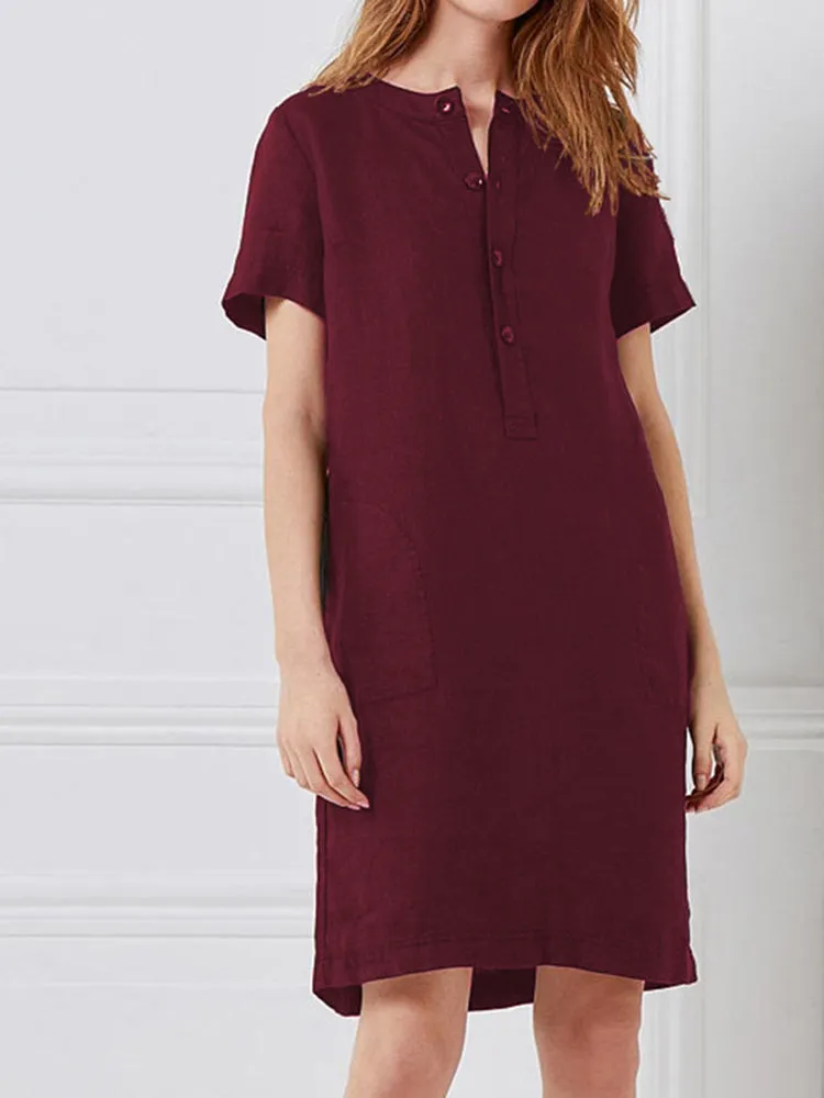 Cotton Women Loose Linen Round Neck Short Sleeve Button Dress with Pocket