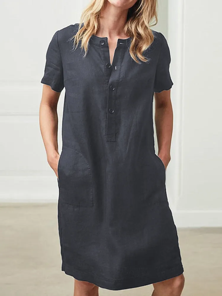 Cotton Women Loose Linen Round Neck Short Sleeve Button Dress with Pocket