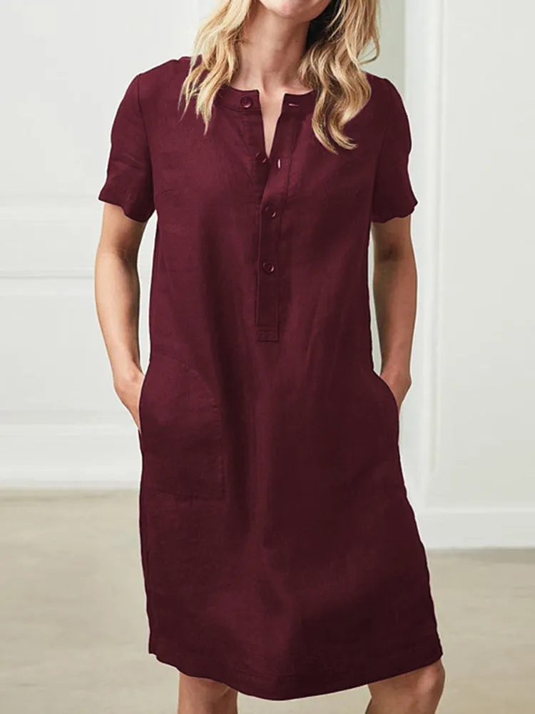 Cotton Women Loose Linen Round Neck Short Sleeve Button Dress with Pocket