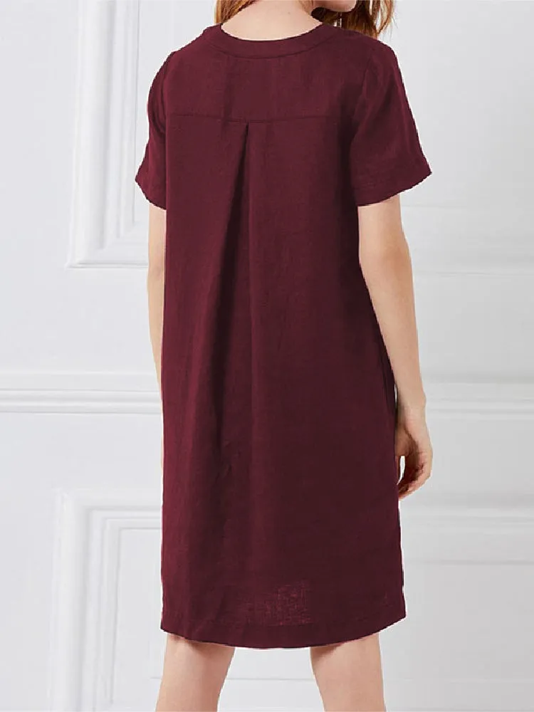 Cotton Women Loose Linen Round Neck Short Sleeve Button Dress with Pocket