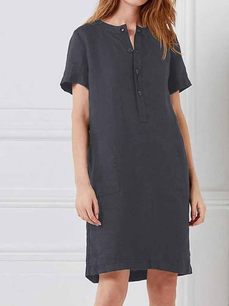 Cotton Women Loose Linen Round Neck Short Sleeve Button Dress with Pocket