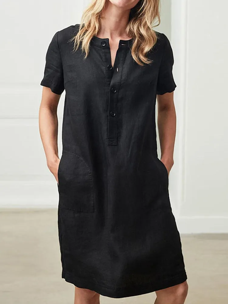 Cotton Women Loose Linen Round Neck Short Sleeve Button Dress with Pocket