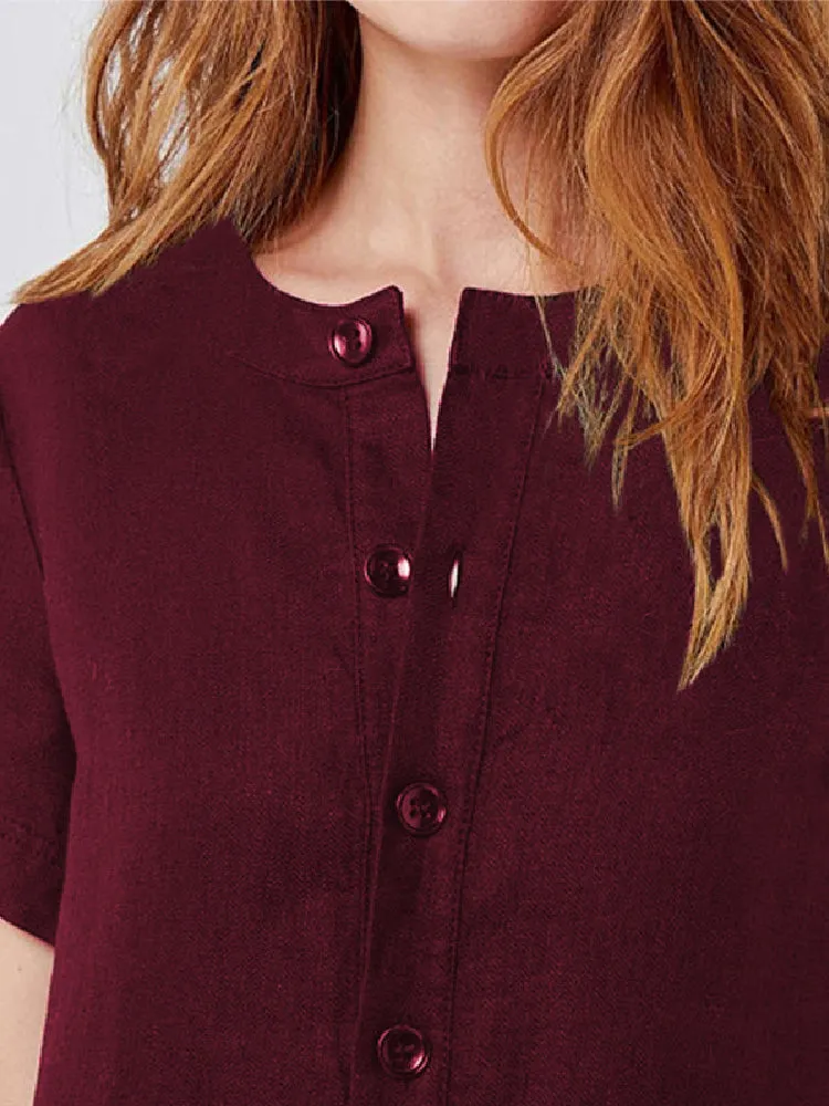 Cotton Women Loose Linen Round Neck Short Sleeve Button Dress with Pocket