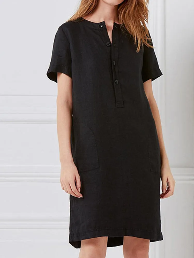 Cotton Women Loose Linen Round Neck Short Sleeve Button Dress with Pocket