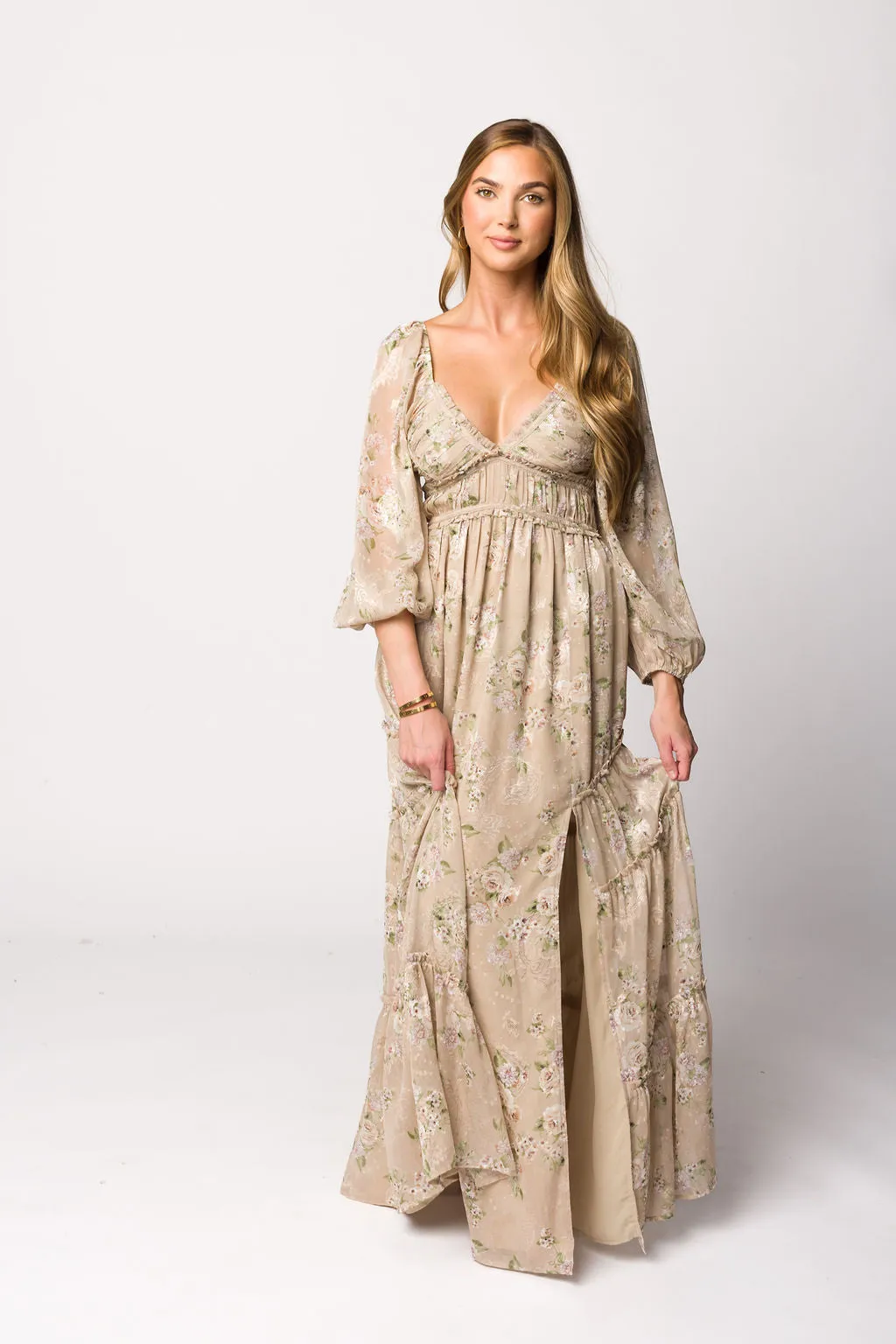 Daphne Long Sleeve Maxi Dress in Beige Multi Floral - Bump Friendly & Inclusive Sizing (XS-3XL)