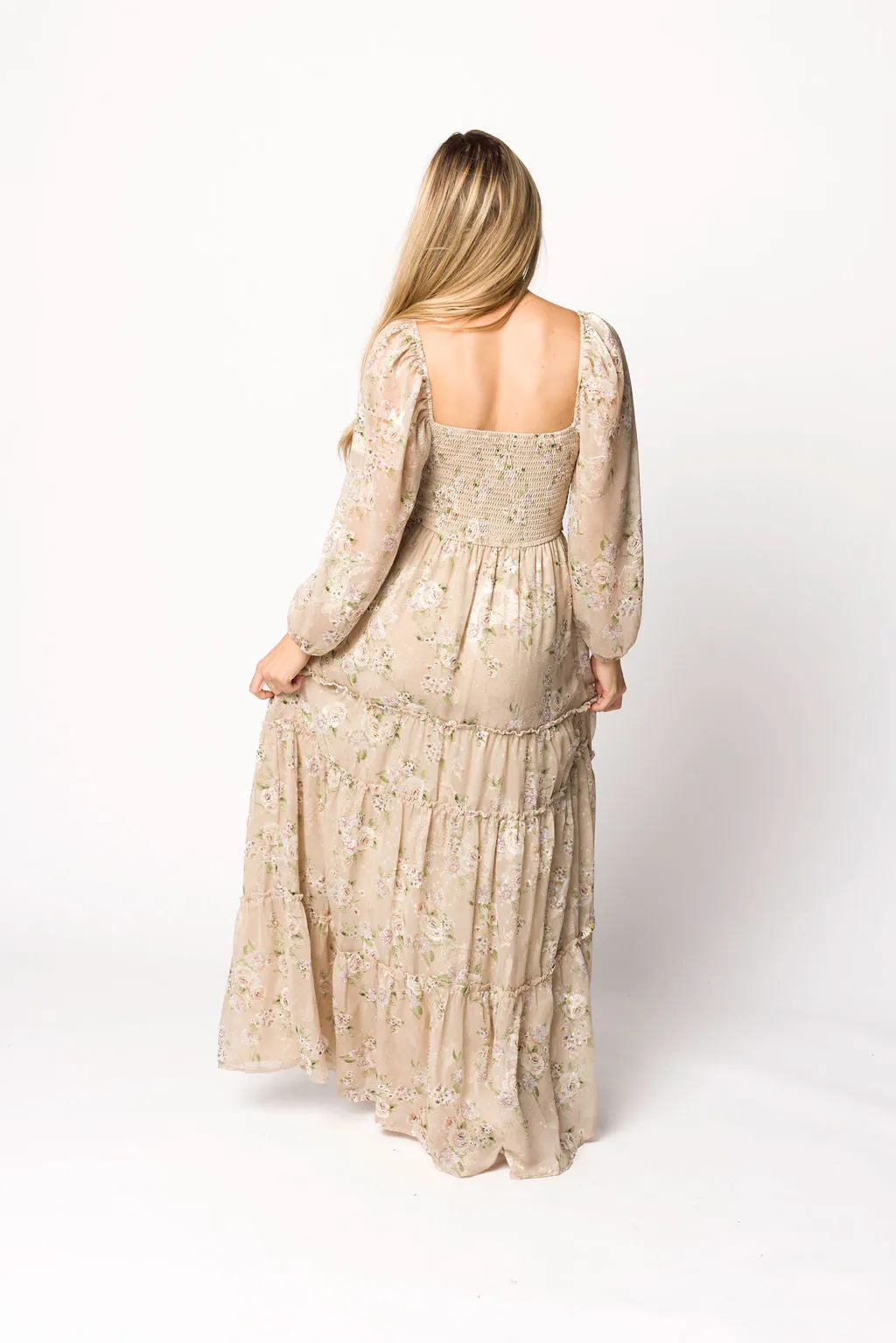 Daphne Long Sleeve Maxi Dress in Beige Multi Floral - Bump Friendly & Inclusive Sizing (XS-3XL)