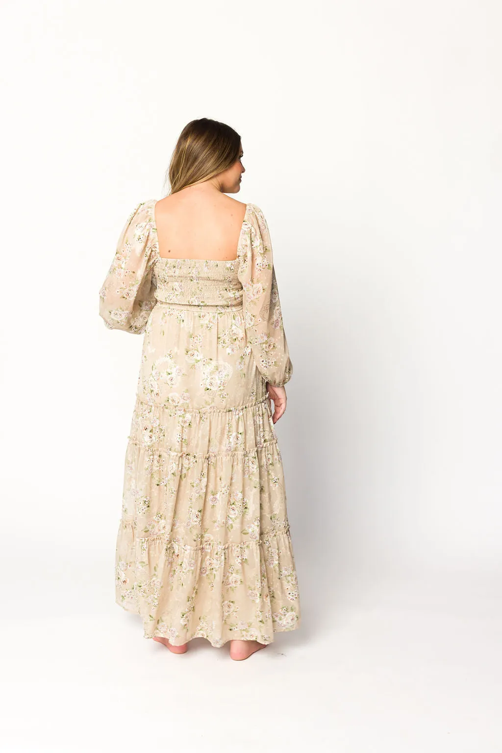 Daphne Long Sleeve Maxi Dress in Beige Multi Floral - Bump Friendly & Inclusive Sizing (XS-3XL)