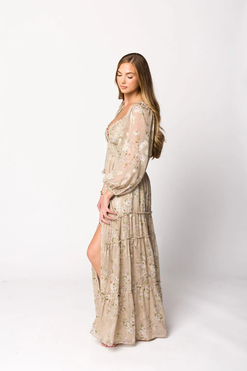 Daphne Long Sleeve Maxi Dress in Beige Multi Floral - Bump Friendly & Inclusive Sizing (XS-3XL)
