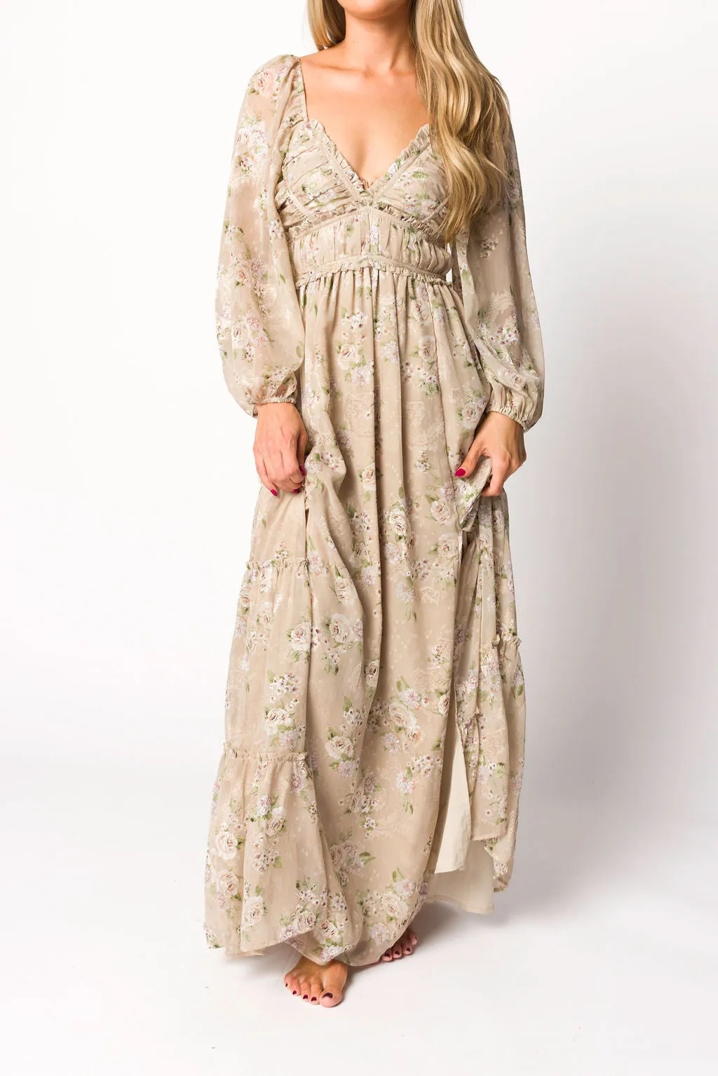 Daphne Long Sleeve Maxi Dress in Beige Multi Floral - Bump Friendly & Inclusive Sizing (XS-3XL)