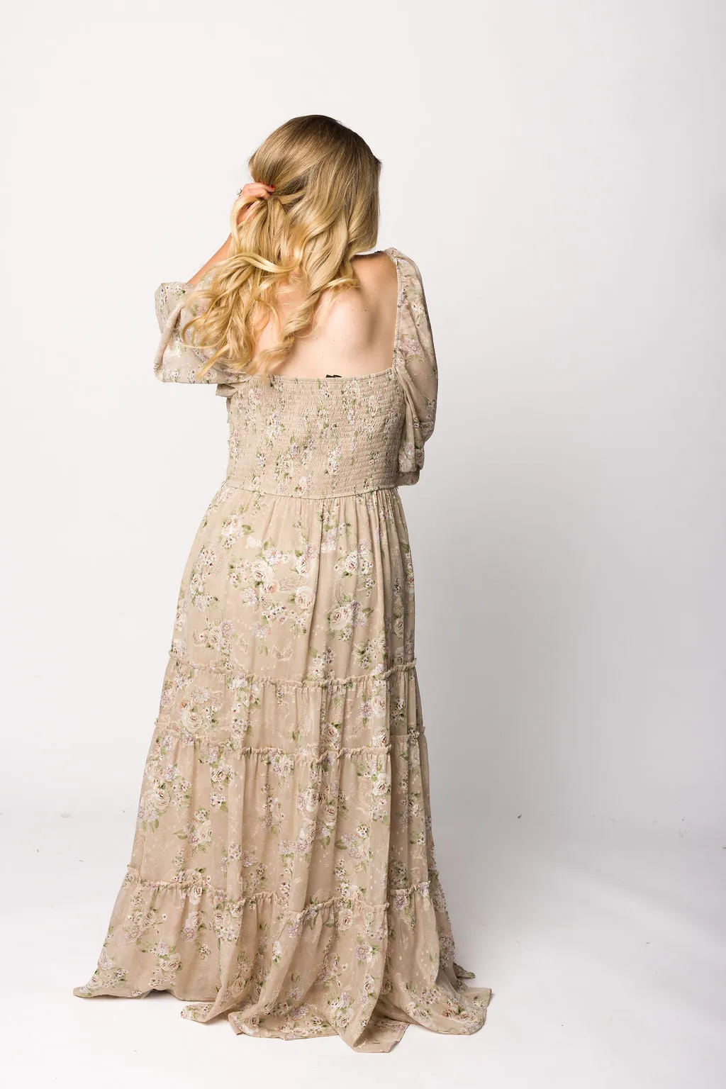 Daphne Long Sleeve Maxi Dress in Beige Multi Floral - Bump Friendly & Inclusive Sizing (XS-3XL)