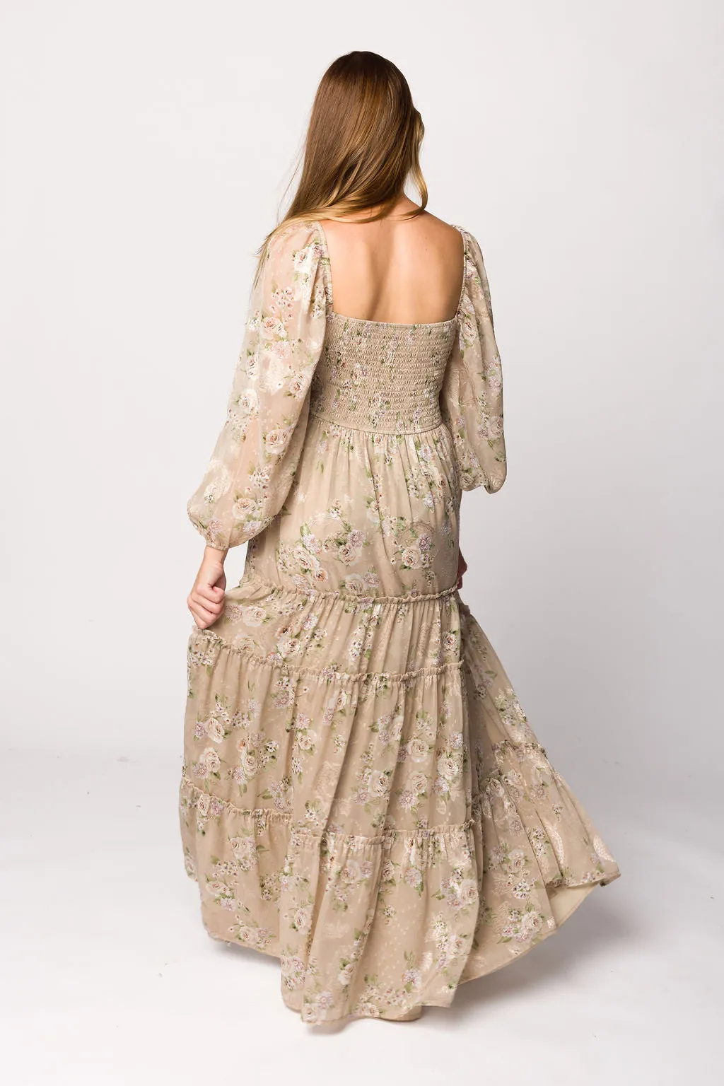 Daphne Long Sleeve Maxi Dress in Beige Multi Floral - Bump Friendly & Inclusive Sizing (XS-3XL)