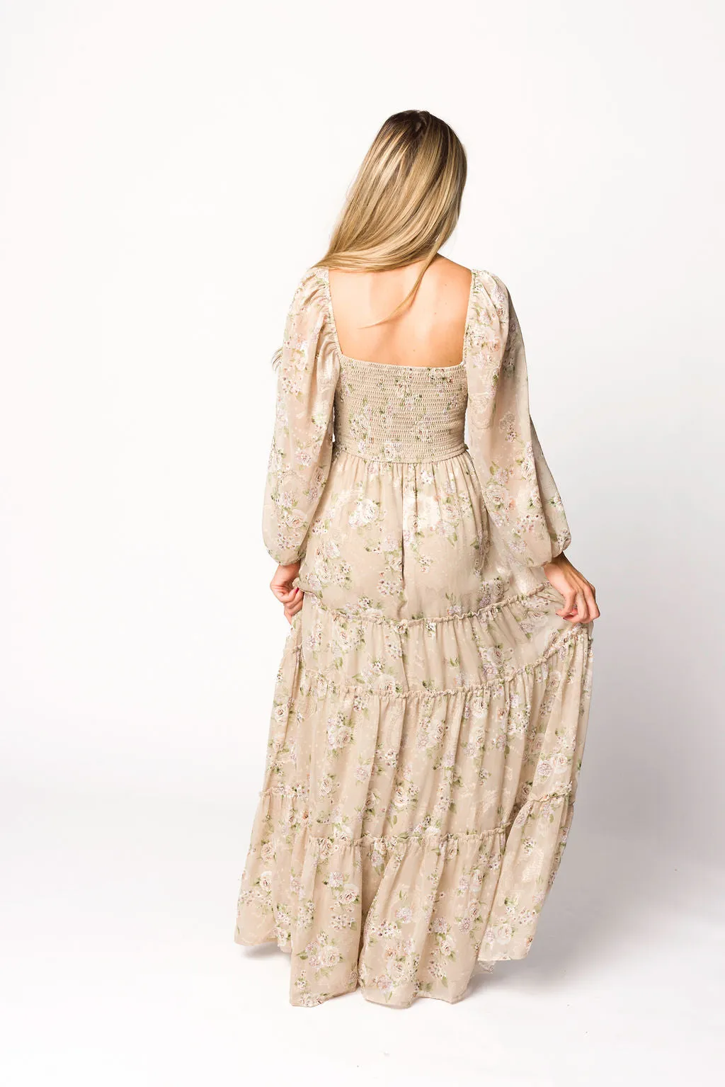 Daphne Long Sleeve Maxi Dress in Beige Multi Floral - Bump Friendly & Inclusive Sizing (XS-3XL)
