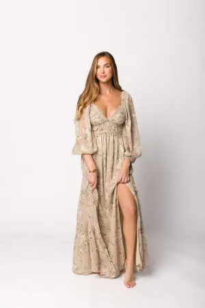 Daphne Long Sleeve Maxi Dress in Beige Multi Floral - Bump Friendly & Inclusive Sizing (XS-3XL)