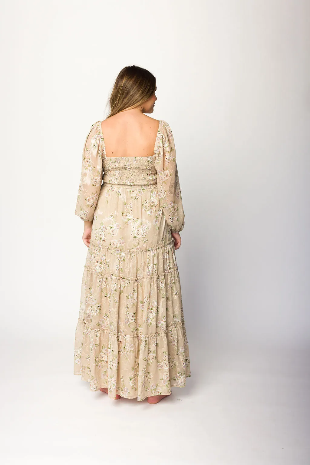 Daphne Long Sleeve Maxi Dress in Beige Multi Floral - Bump Friendly & Inclusive Sizing (XS-3XL)