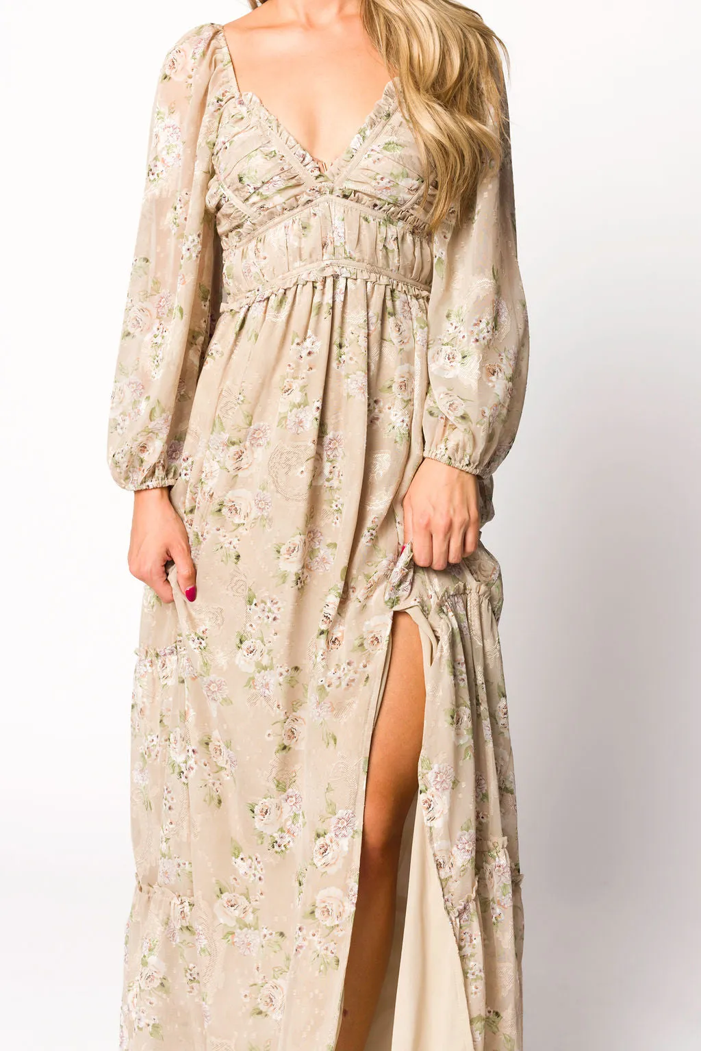 Daphne Long Sleeve Maxi Dress in Beige Multi Floral - Bump Friendly & Inclusive Sizing (XS-3XL)