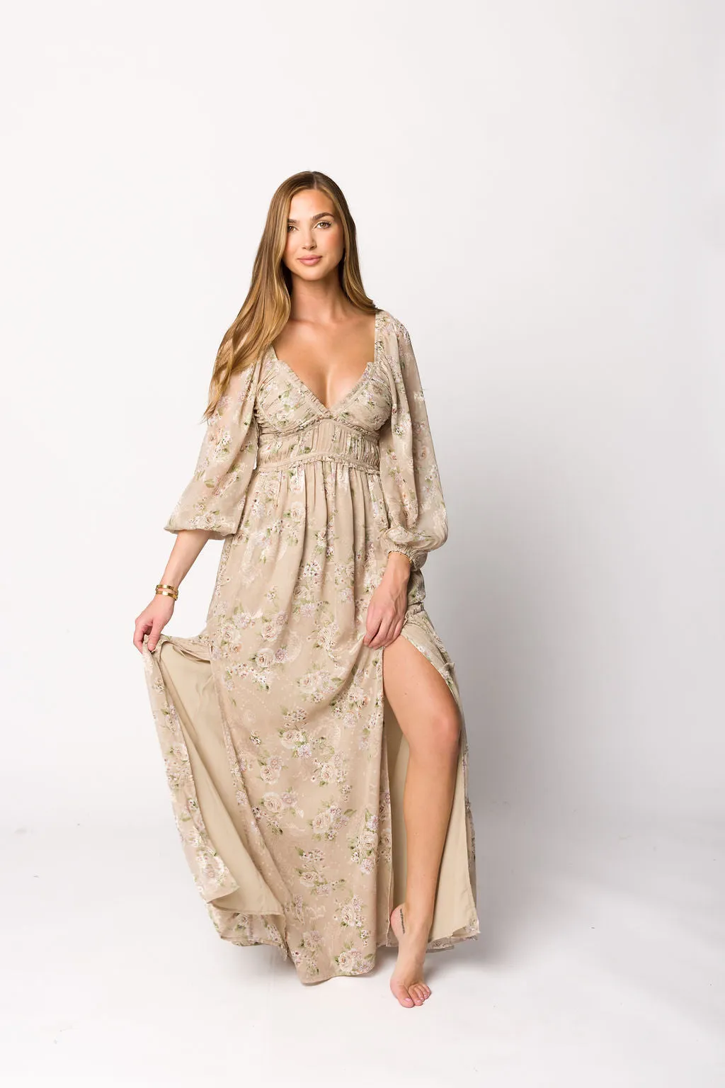Daphne Long Sleeve Maxi Dress in Beige Multi Floral - Bump Friendly & Inclusive Sizing (XS-3XL)