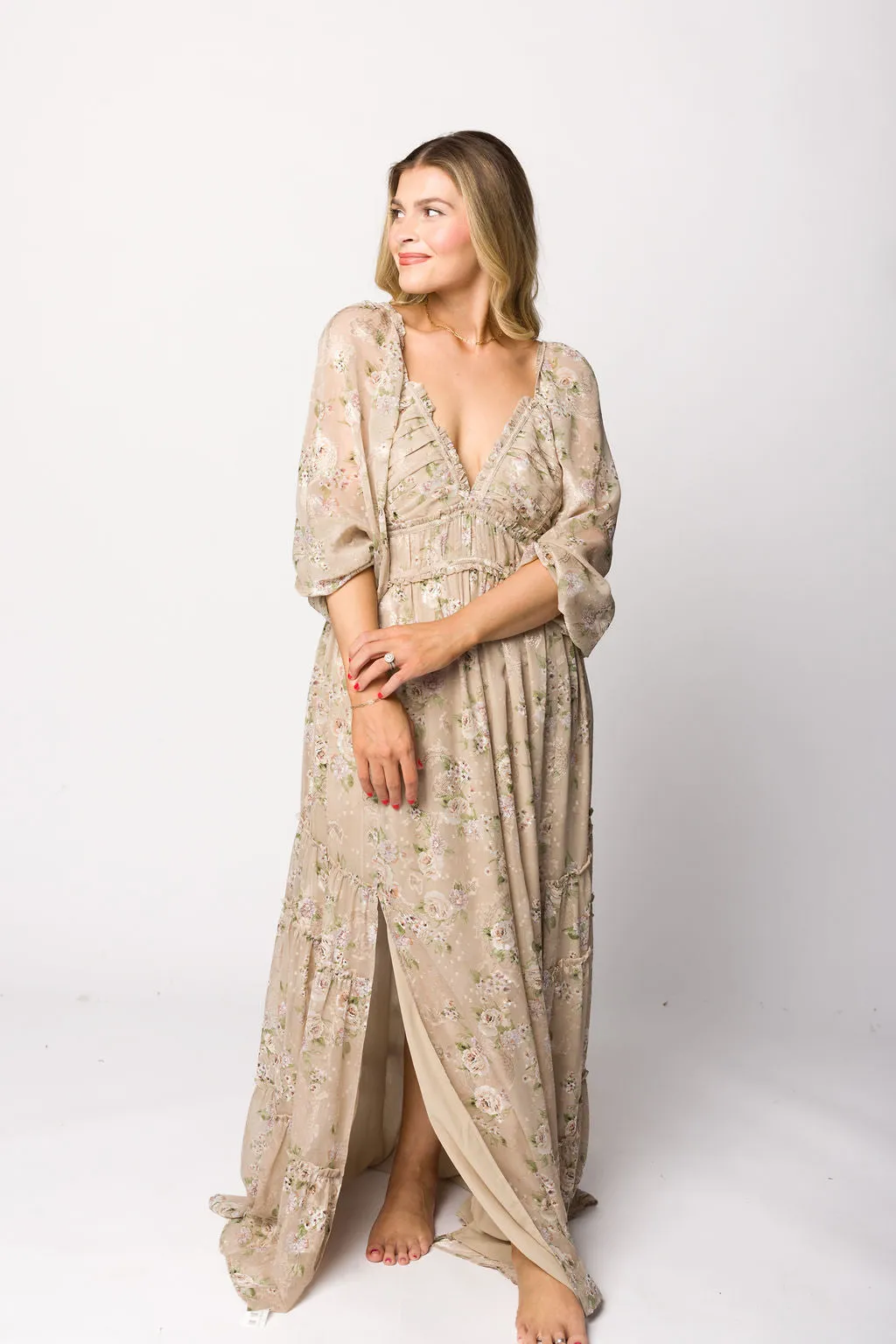 Daphne Long Sleeve Maxi Dress in Beige Multi Floral - Bump Friendly & Inclusive Sizing (XS-3XL)