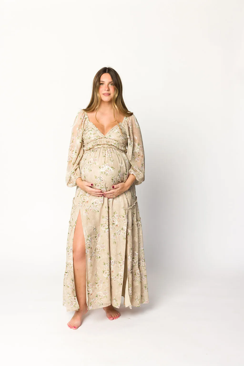 Daphne Long Sleeve Maxi Dress in Beige Multi Floral - Bump Friendly & Inclusive Sizing (XS-3XL)