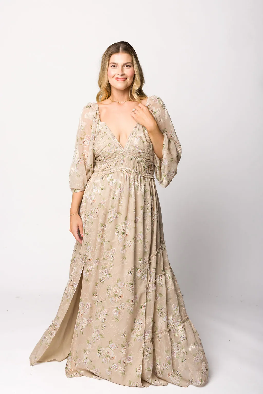 Daphne Long Sleeve Maxi Dress in Beige Multi Floral - Bump Friendly & Inclusive Sizing (XS-3XL)