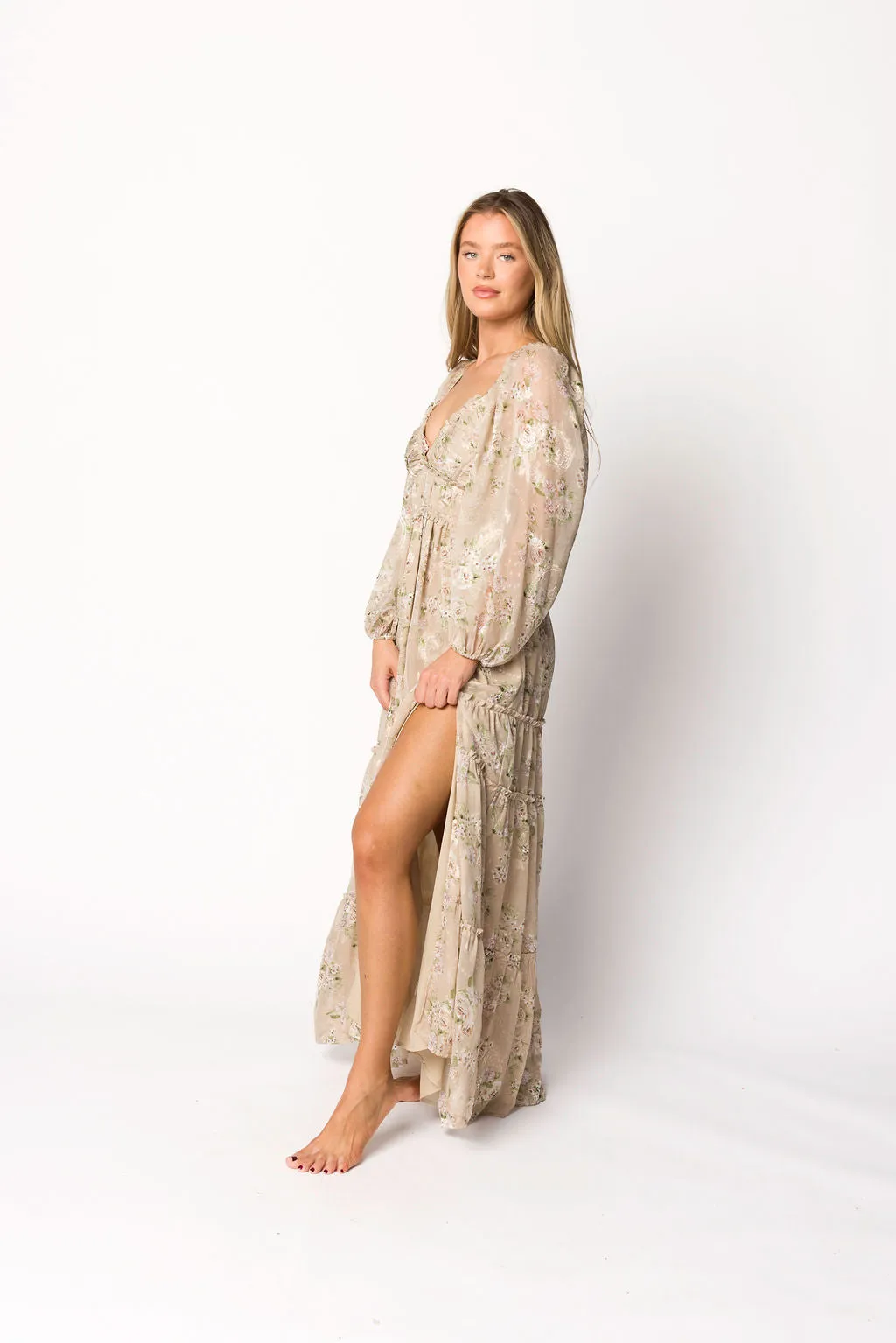 Daphne Long Sleeve Maxi Dress in Beige Multi Floral - Bump Friendly & Inclusive Sizing (XS-3XL)