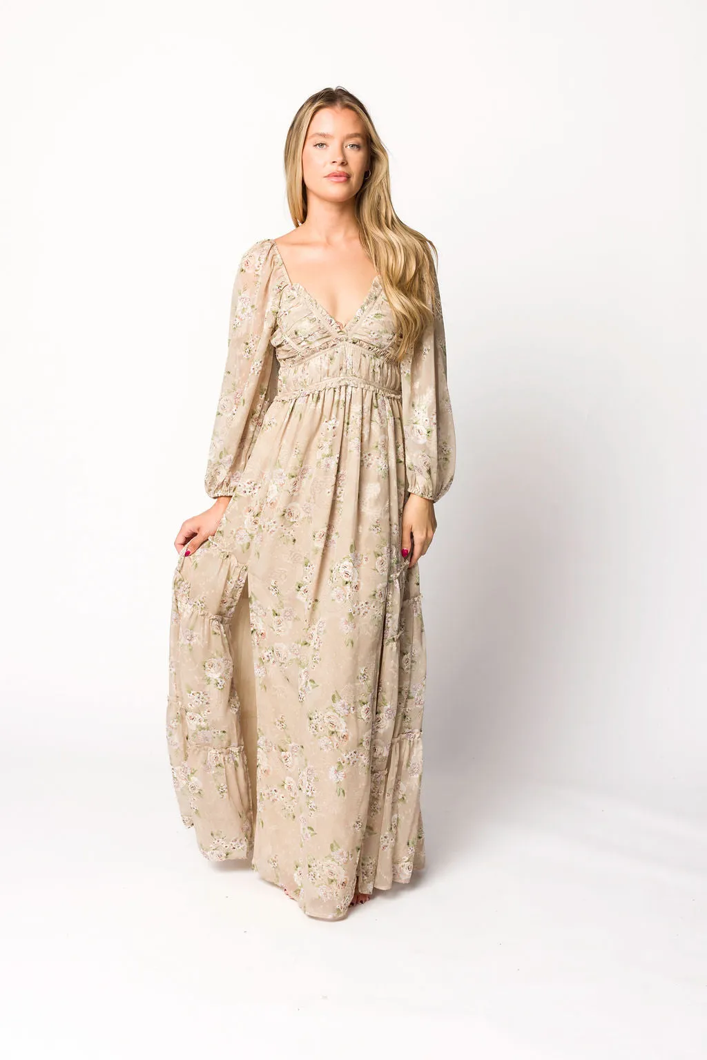 Daphne Long Sleeve Maxi Dress in Beige Multi Floral - Bump Friendly & Inclusive Sizing (XS-3XL)