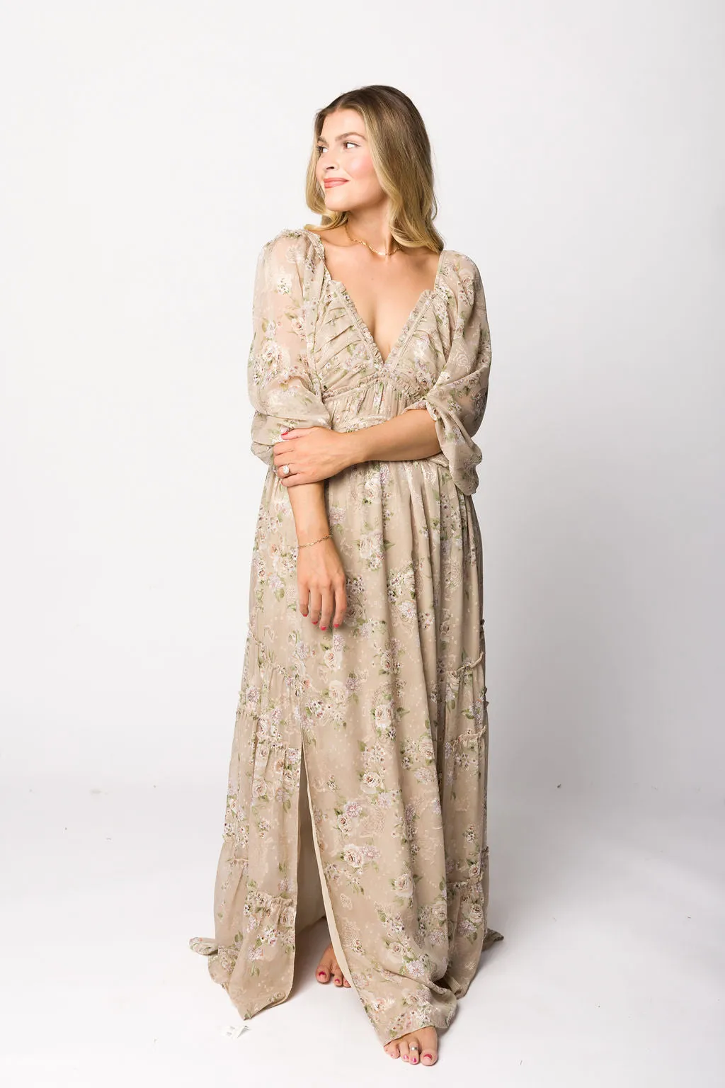 Daphne Long Sleeve Maxi Dress in Beige Multi Floral - Bump Friendly & Inclusive Sizing (XS-3XL)