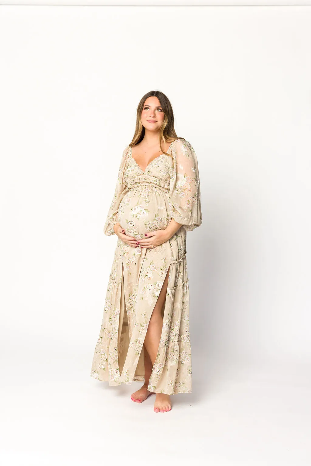 Daphne Long Sleeve Maxi Dress in Beige Multi Floral - Bump Friendly & Inclusive Sizing (XS-3XL)
