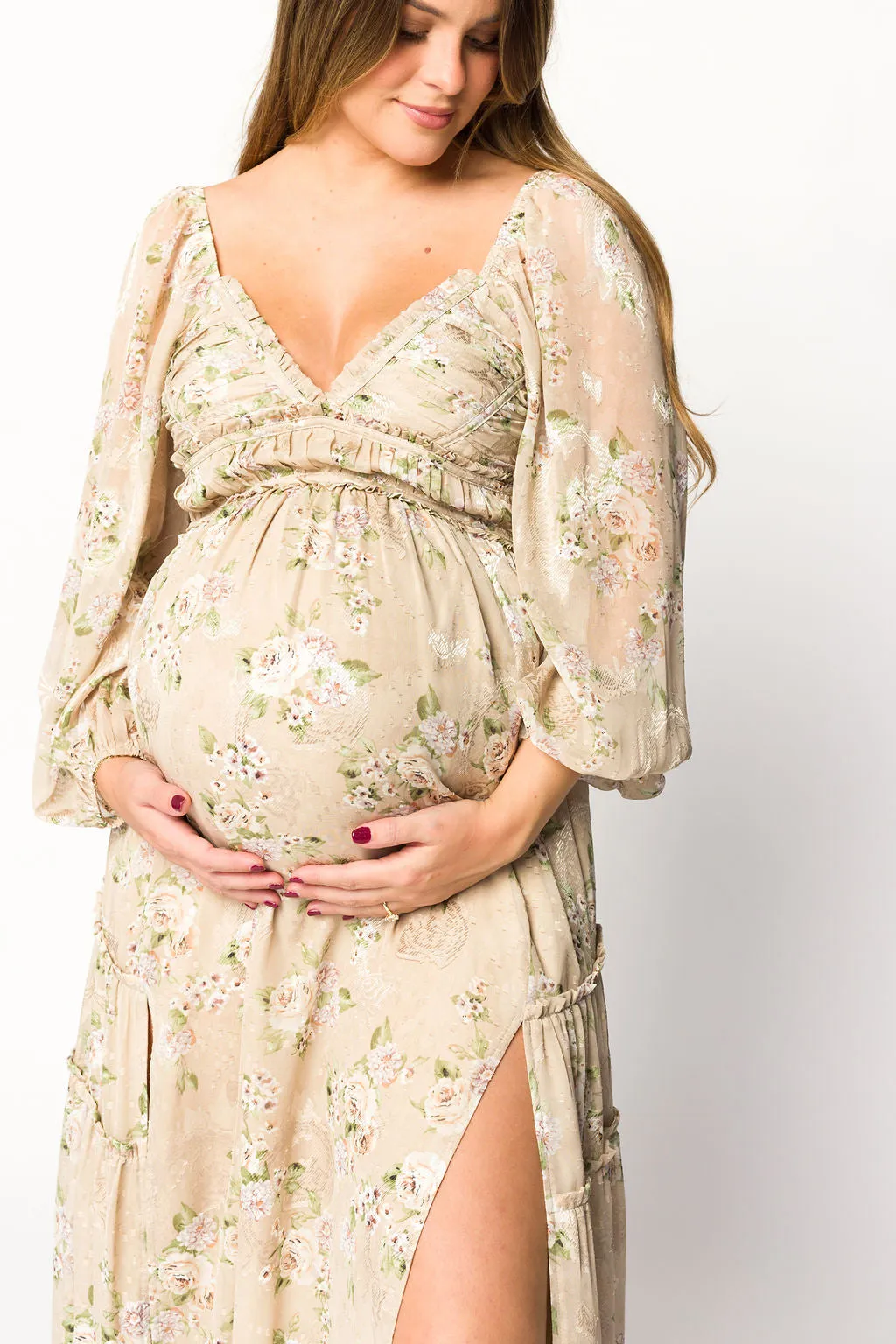 Daphne Long Sleeve Maxi Dress in Beige Multi Floral - Bump Friendly & Inclusive Sizing (XS-3XL)