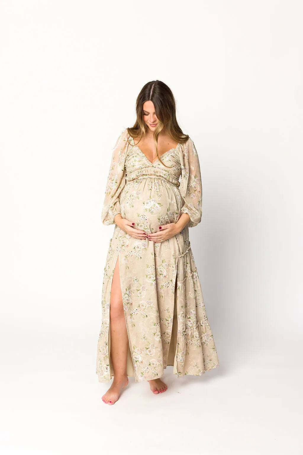Daphne Long Sleeve Maxi Dress in Beige Multi Floral - Bump Friendly & Inclusive Sizing (XS-3XL)