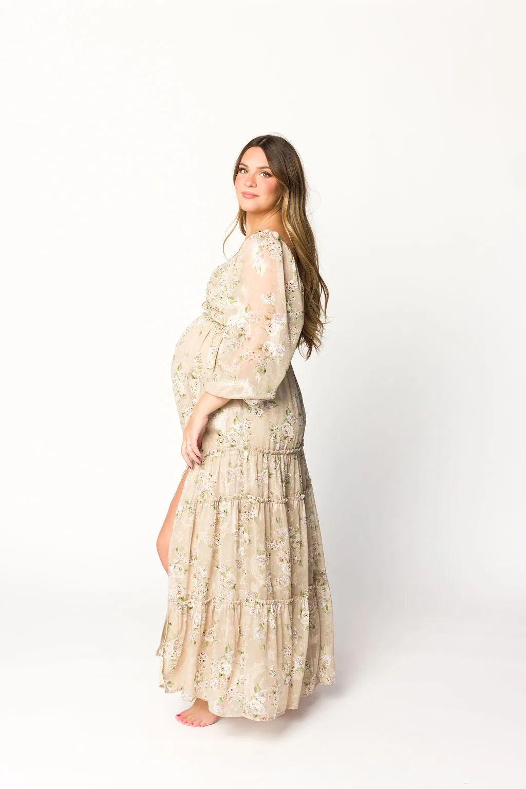Daphne Long Sleeve Maxi Dress in Beige Multi Floral - Bump Friendly & Inclusive Sizing (XS-3XL)