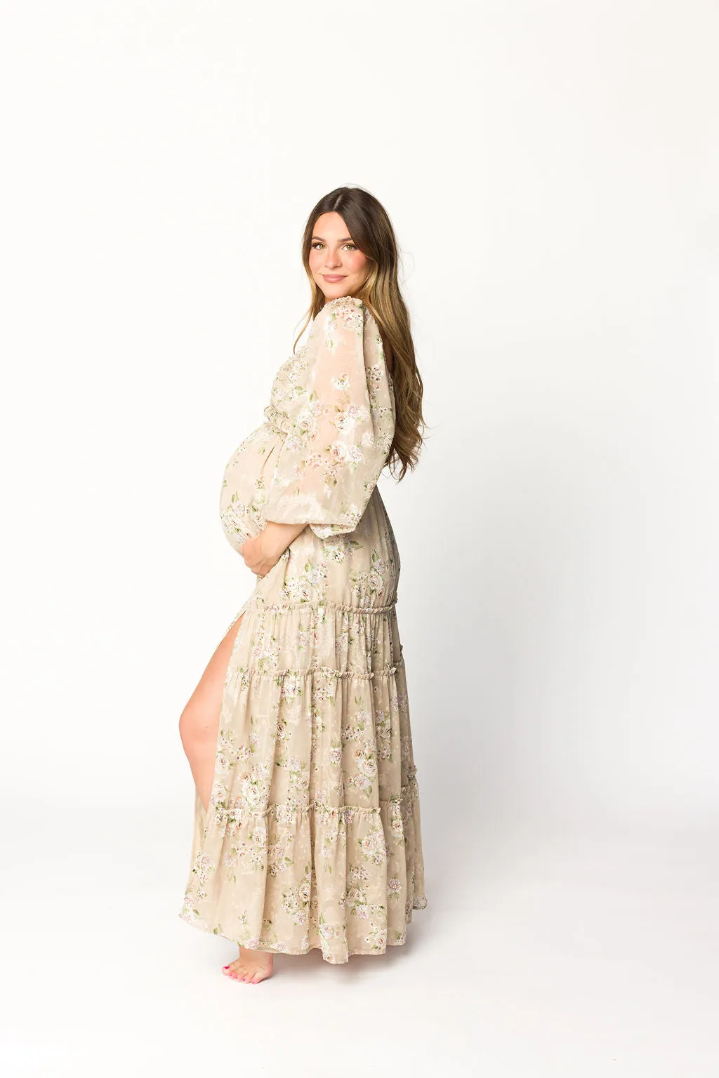 Daphne Long Sleeve Maxi Dress in Beige Multi Floral - Bump Friendly & Inclusive Sizing (XS-3XL)