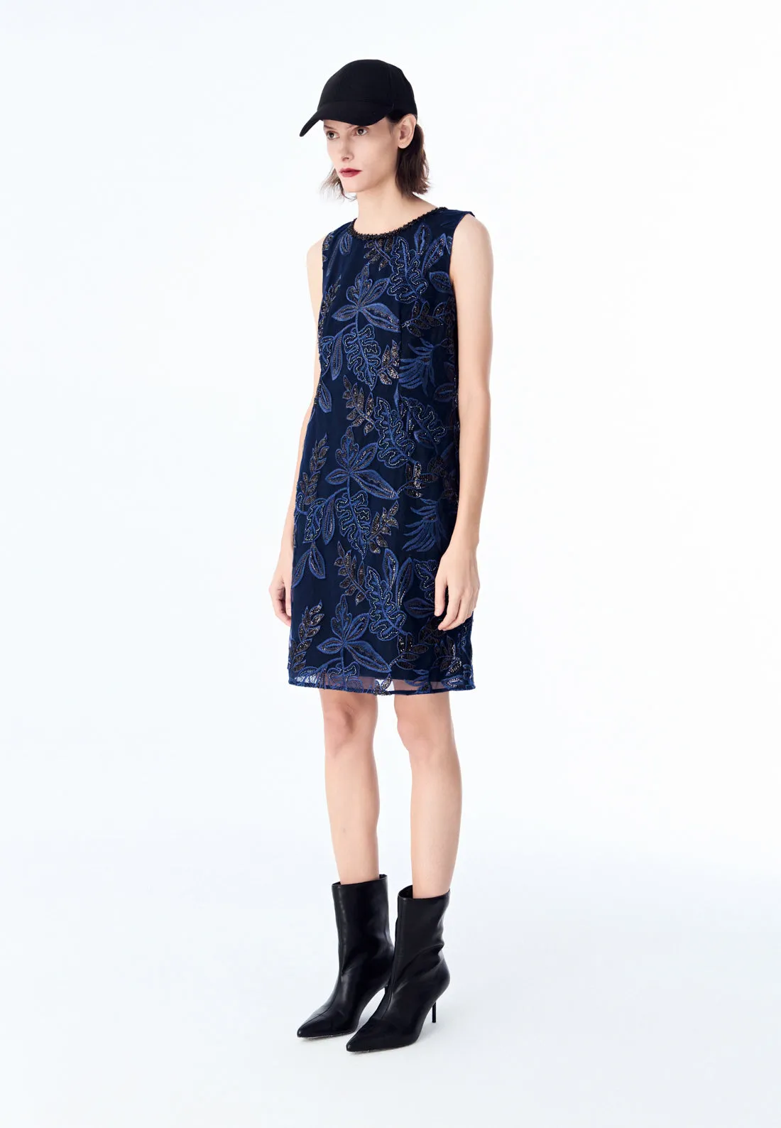 Dark Blue Embroidered Mesh Sleeveless Dress