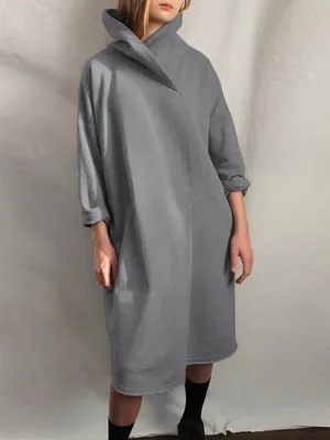 Design High Neck Pure Color Knee Length Casual Women Midi Dress