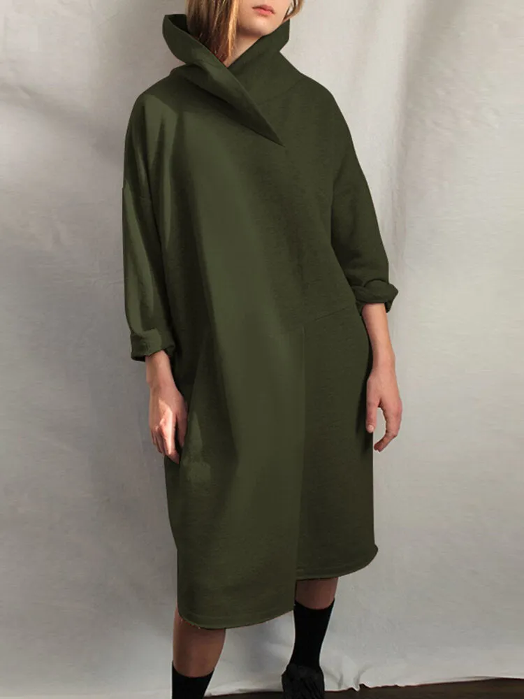 Design High Neck Pure Color Knee Length Casual Women Midi Dress