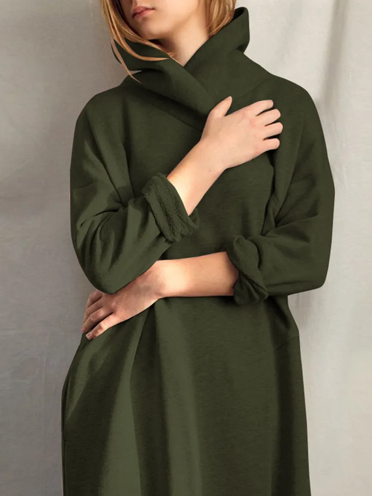 Design High Neck Pure Color Knee Length Casual Women Midi Dress