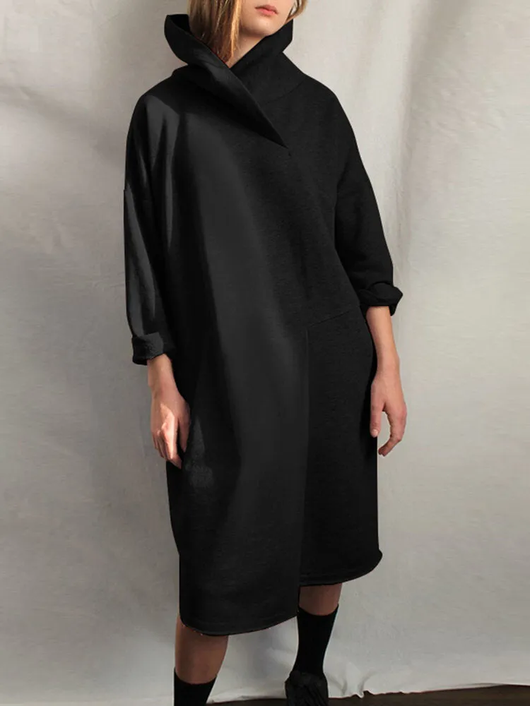 Design High Neck Pure Color Knee Length Casual Women Midi Dress