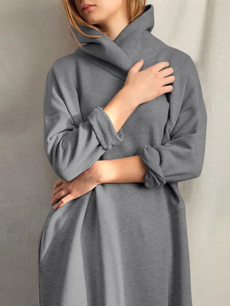 Design High Neck Pure Color Knee Length Casual Women Midi Dress