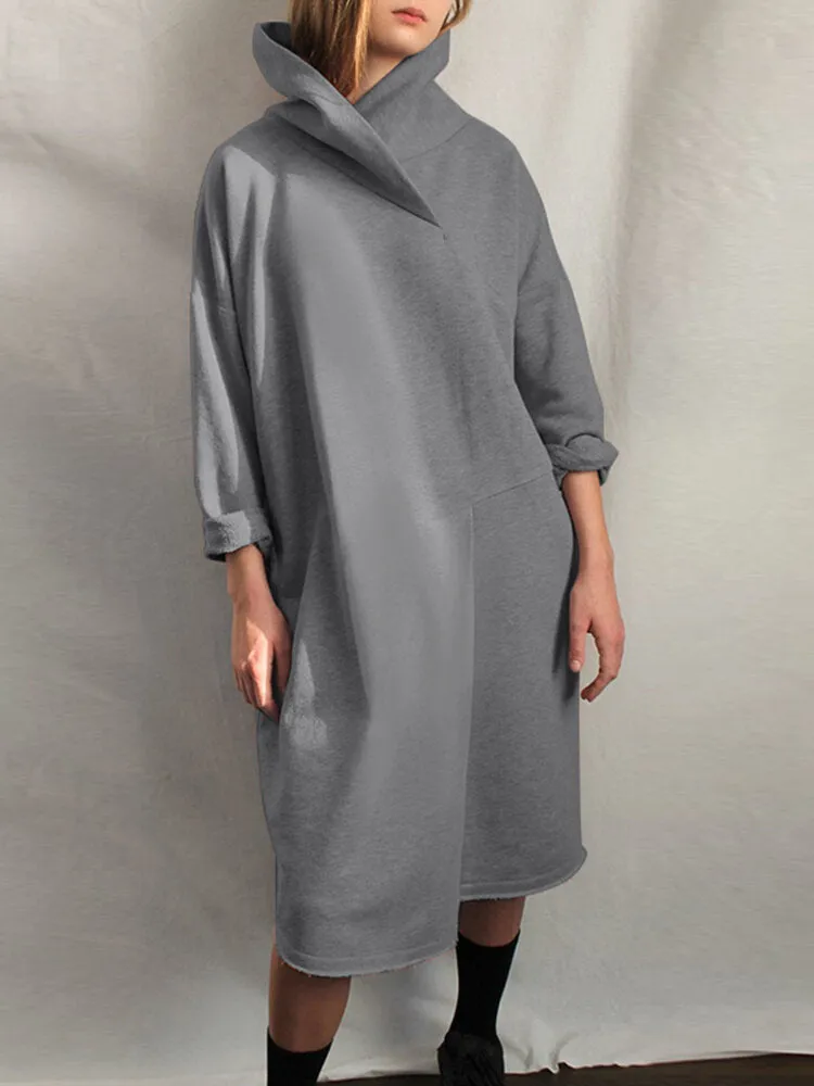Design High Neck Pure Color Knee Length Casual Women Midi Dress