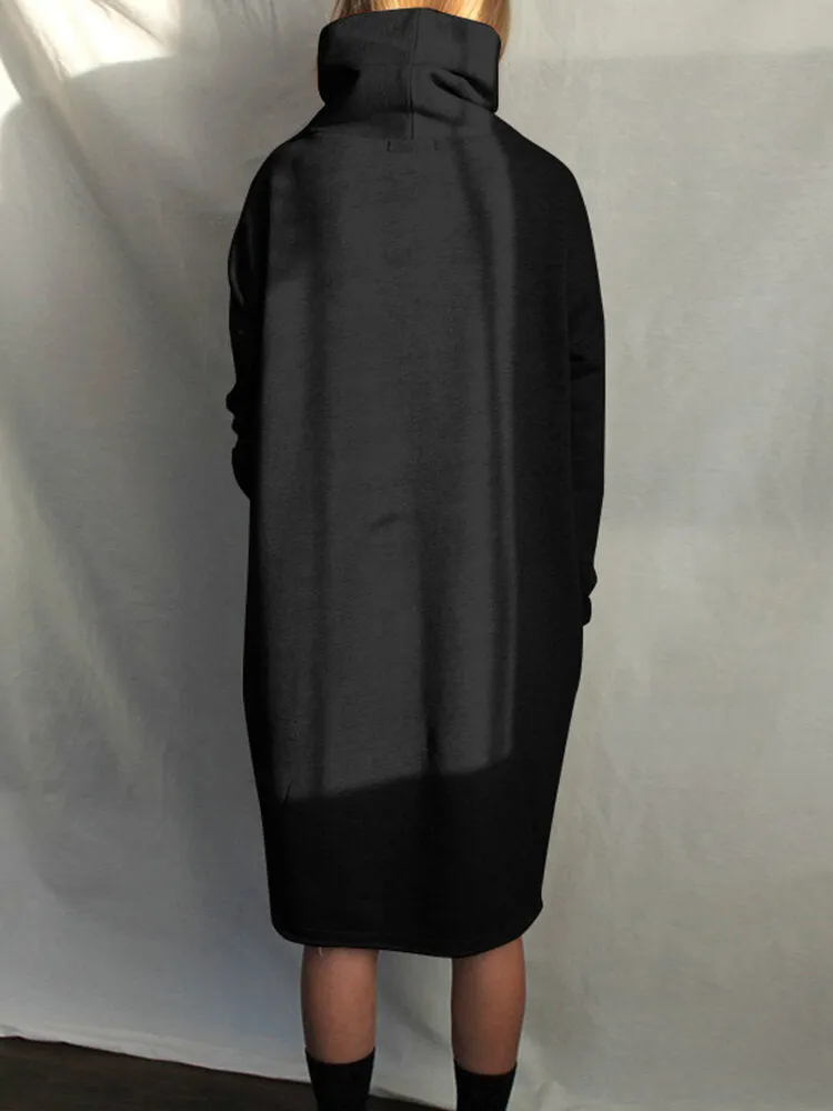Design High Neck Pure Color Knee Length Casual Women Midi Dress
