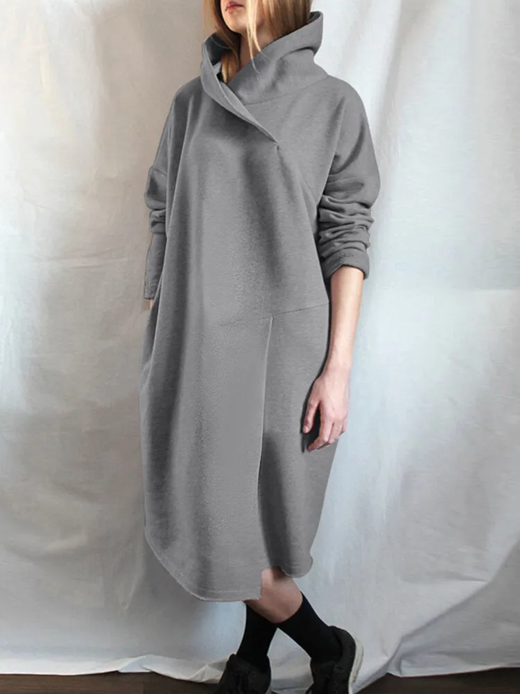Design High Neck Pure Color Knee Length Casual Women Midi Dress